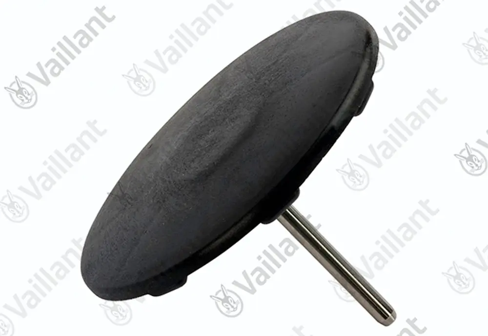 Vaillant Membranteller mit metallischer Stange, schwarz, flach und rund in Form. Geeignet für Heizungs- oder Warmwasseranlagen.